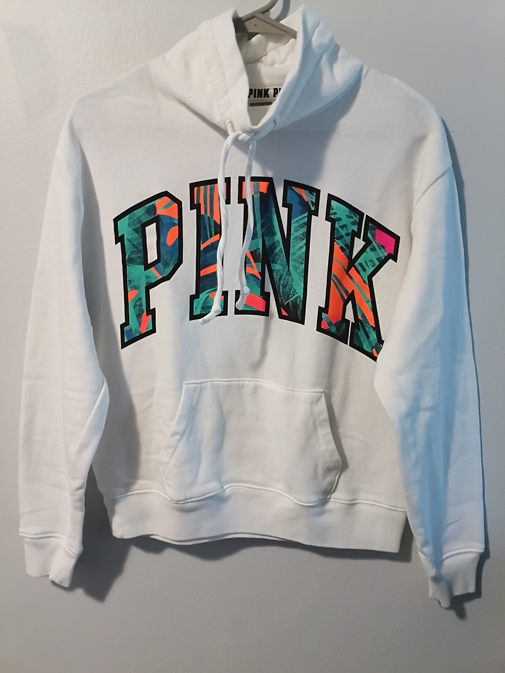 PINK Victoria's Secret White Hoodie with Tropical Lettering Trendy